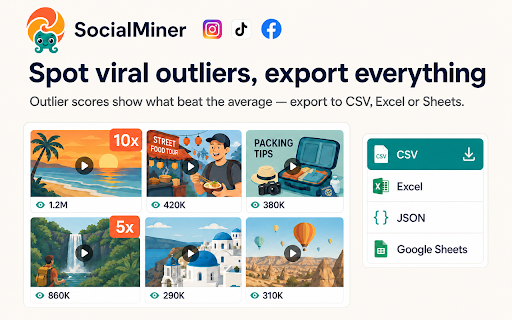 SocialMiner - Sort Feed Sorter & Downloader for Instagram, TikTok, Facebook :: Sort Instagram, TikTok & Facebook Reels/Posts by views, likes, comments, date or viral score. Bulk download videos, export CSV/JSON.