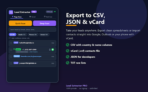 Email, Phone & Social Lead Extractor – Free Bulk Web Crawler :: Accurately extract emails, phone numbers (with country & name) & social profiles. Bulk scan, deep crawl, CSV/vCard export. Private.