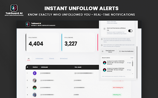 TokGuard AI - Smart Unfollow Manager for TikTok :: Smart & secure TikTok tool to analyze followers, track unfollowers automatically, and clean your profile with TokGuard AI.