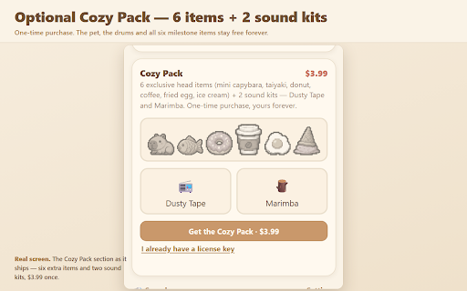 Drumbara – Capybara Typing Drummer Pet :: A cozy capybara drums along while you type. Never reads which keys you press. Collect items as your beats add up.
