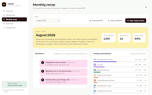 Tasker - Activity Tracker & Google Drive Recap :: Local-first activity tracker with branded PDF reports and optional sync to your own Google Drive.