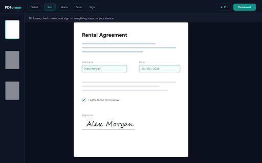 PDFormer — Fill & Sign PDF (Free, Private, No Account) :: Fill out and sign any PDF in your browser. 100% local — your file never leaves your device. No account, no watermark, no paywall.
