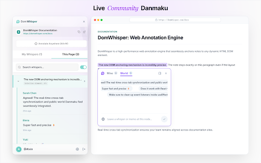 DomWhisper: Start a Discussion on Any Webpage :: A comment layer for the web. Highlight text or mark any spot to start a discussion on any webpage. Private or shared.