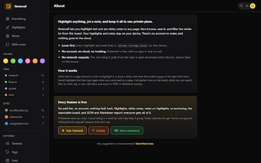 Notewell - Highlight & Sticky Notes :: Highlight text and pin sticky notes on any web page. Everything saves to a private, local board you can search and export.