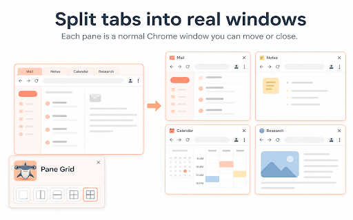 Split Screen, Tile Tabs, Tab Resize, Snap Windows, Save Restore Layouts 2x2 :: Split Screen: split tabs into real Chrome windows, tile, snap on multiple monitors, and save or restore window layouts in one click.
