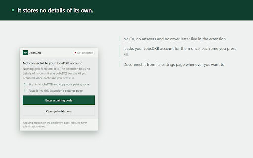 JobsDXB Form Filler :: Fills the employer's application form from your JobsDXB kit. Submits only on a run you start.