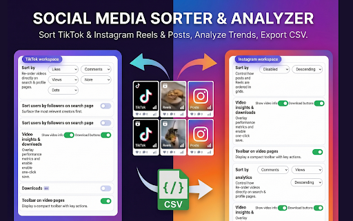 Sort Feed for TikTok & Instagram :: Sort TikTok & Instagram posts by likes, comments, views, and date. Find viral reels, analyze trends, and export results to CSV.