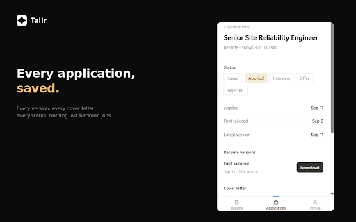 Tailr — Tailor Your Resume in Seconds :: Skip the resume rewrite. Tailr adapts your resume to every job in seconds, so you spend the time applying — not editing.