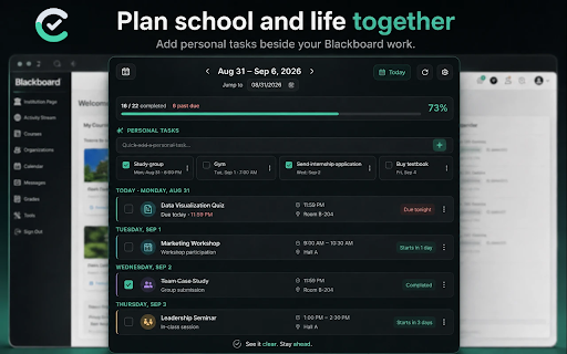 Clearview :: A calmer Blackboard dashboard for weekly work, deadlines, classes, grades, and personal planning.