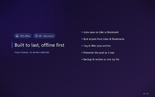 Offline X Archive :: Save X posts to a fully offline, on-device archive. Browse and search what you saved later, with no account and no servers.