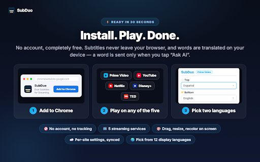 SubDuo — Dual Subtitles for Streaming :: Show two subtitle languages at once on Prime Video, YouTube, Netflix, Disney+ and TED. Made for language learners.