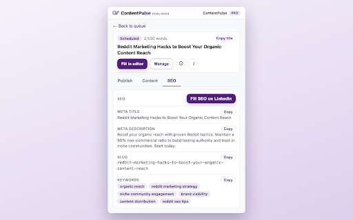 ContentPulse: AI SEO Content Writer & Publisher :: Fetch SEO-ready content from ContentPulse and auto-fill it into your publishing editor to review and publish in one click.