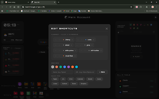 BalanceTab — Gamer + Office :: New tab page with clock, weather, search, games, AI links & recent tabs.