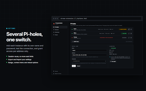 PiHole Browser Extension :: Control your Pi-hole from the toolbar. Pause blocking, allow or deny the current site, across all your Pi-holes.