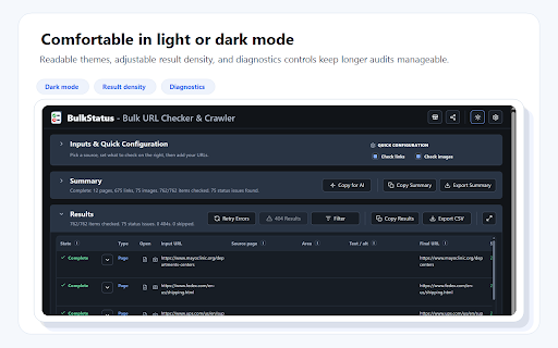 BulkStatus - Bulk URL Checker & Crawler :: Crawl and bulk-check URLs for status codes, broken links, redirects, images, and SEO metadata from a sitemap, llms.txt, or list.
