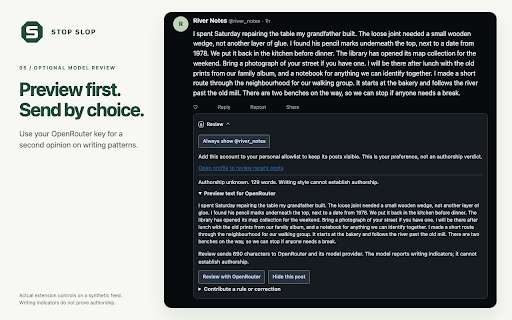 STOP SLOP :: Automatically check posts and articles for AI signals. Choose Review, Mark, Collapse or Hide. Cloud checks use cached text reviews.