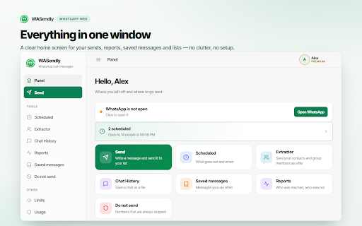WASendly – WhatsApp Bulk Message Sender & Scheduler :: Message many people at once on WhatsApp Web without saving contacts. Import from Excel, personalize each message, schedule ahead.