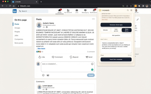 Lazyapply :: Generate product-aware replies on X, Reddit, and LinkedIn. Mention your product naturally — or reply as yourself.