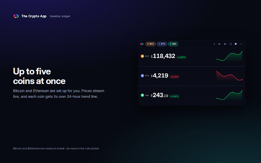 Bitcoin Price Ticker — The Crypto App :: Live Bitcoin and crypto prices in a resizable desktop widget you can size and place anywhere. From The Crypto App.