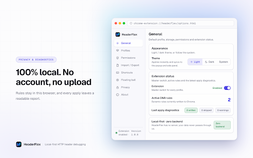 HeaderFlex - Modify HTTP Requests :: ModHeader alternative: modify headers, redirect/block, mock APIs, inspect rule hits, re-inject responses. 100% local, zero upload.