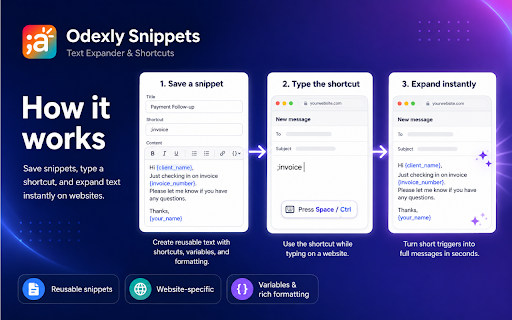 Odexly Snippets – Text Expander & Shortcuts :: Save reusable text snippets and insert them instantly with shortcuts on any website.