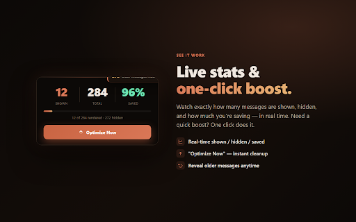 Claude Speed Booster :: Keeps Claude fast in long conversations by hiding older messages. Fix slow Claude and reduce lag instantly.