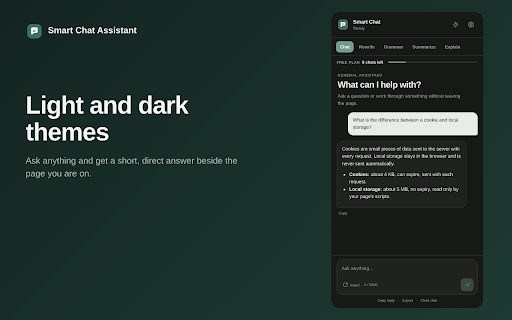 Smart Chat Assistant: AI Writing & Chat :: AI writing assistant in your side panel. Chat, rewrite, fix grammar, summarize and explain text without leaving the page.