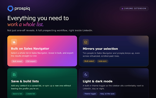prospiq — Email & Phone Finder :: Find verified work emails and phone numbers from LinkedIn profiles, search results, and company pages.
