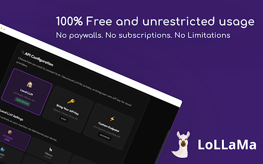 LoLLaMA - Open Source AI Browser Assistant :: Open-source personal AI browser assistant. Chat with local or cloud LLMs, modify websites, and create widgets. Privacy-first.