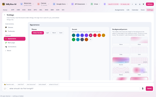 SillyBus AI :: Your homework, grades and schedule, read from Canvas and your teachers' docs inside the Chrome you already use.