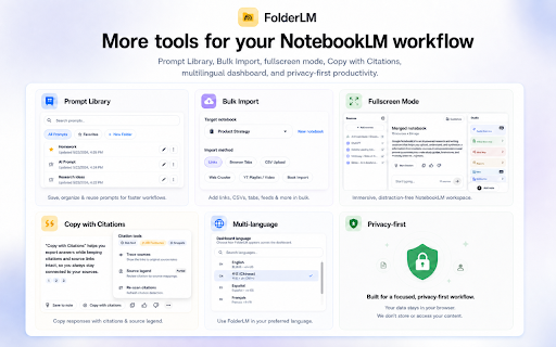 FolderLM: NotebookLM Folders, Bulk Import, Merge Sources & Prompts :: Organize NotebookLM with folders, dashboard, bulk import, merge sources, prompts, full screen, source tools, and copy citations.