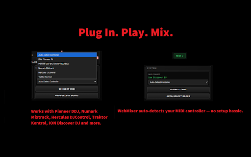 WebMixer :: Control two YouTube tabs with any standard hardware DJ controller.
