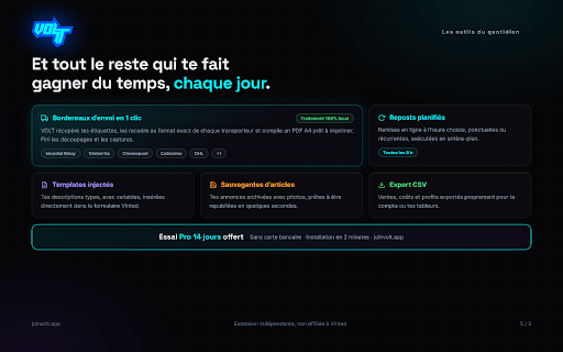 Volt :: Assistant de vente pour Vinted : reposts, messages auto, templates, stats, bordereaux. Non affilié à Vinted.