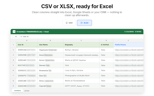 FB Extractor — Export Facebook Members & Groups :: Facebook™ group scraper & lead extractor. Export members, reactions & contact info to CSV/XLSX. Download HD Reels as MP4 with sound.