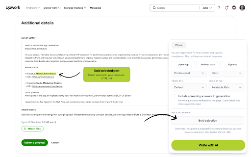 Proposal Lift :: Draft proposals on Upwork job pages using your app personas and templates. You always submit manually.