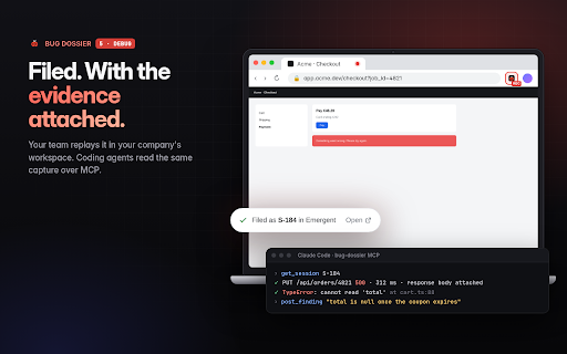 Bug Dossier :: Record a bug — session activity, console, network, and picked elements — then review and file it.