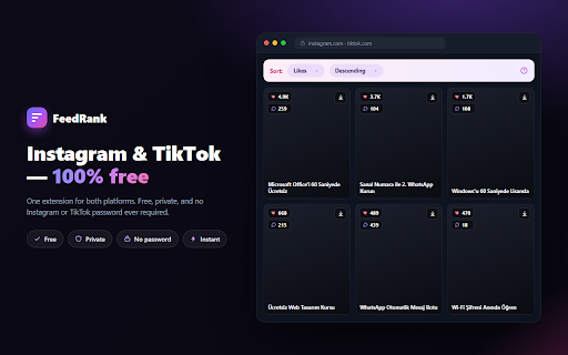 FeedRank – Instagram & TikTok Feed Sorter :: Sort Instagram & TikTok feeds by likes, views, comments or date. See post stats and find top viral content fast. Free.