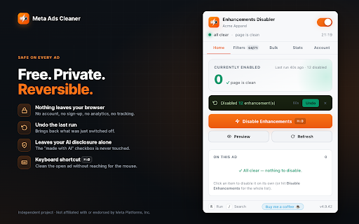 Meta Ads Enhancements Disabler :: One-click disable for Meta Advantage+ AI enhancements. Bulk across drafts, 70 categories, undo, whitelist. No account, no tracking.