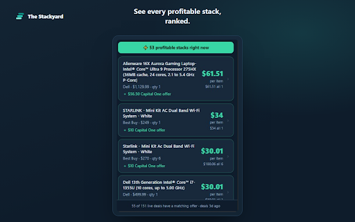 Stackyard — Card Offer Stacker :: Stop doing buying-group math in a spreadsheet. See what a deal really makes once your card offer and portal stack on top.