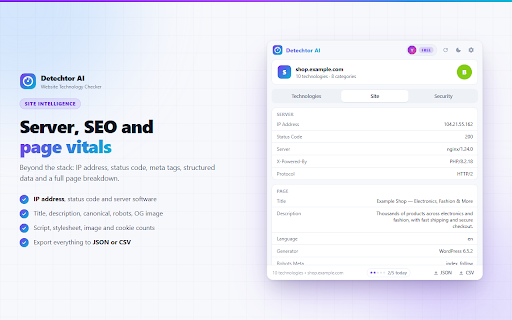 Detechtor AI - Website Technology Checker & Tech Stack Detector :: Detechtor AI checks what any website is built with — CMS & WordPress theme detector, frameworks, analytics, CDN, tech stack.