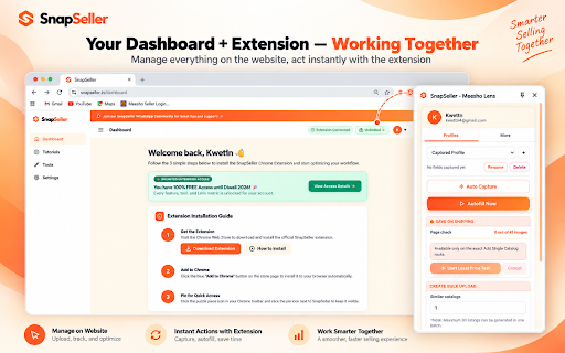 SnapSeller – Meesho & Flipkart Automation :: Autofill listings, bulk upload, sort labels by courier & calculate margins — 100% browser-based. No signup friction.