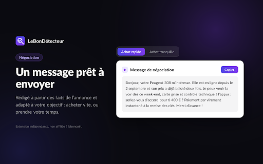 LeBonDétecteur — Historique des prix pour leboncoin :: Historique réel des prix leboncoin : alerte anti-arnaque sur les voitures, vraies baisses datées et message de négociation.