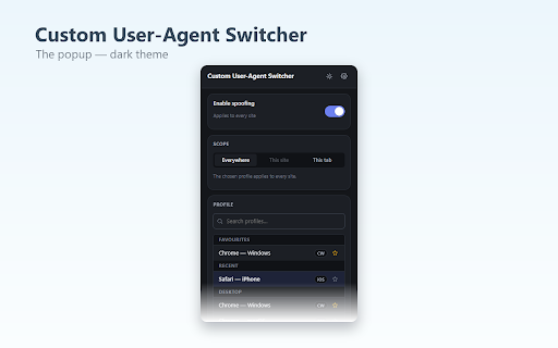 Custom User-Agent Switcher :: Switch your User-Agent with matching Client Hints and navigator overrides. Offline, no accounts, no tracking.