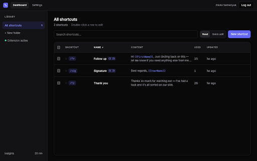Shortcuts — Text Expander :: Create text snippets and expand them with shortcuts on any website.