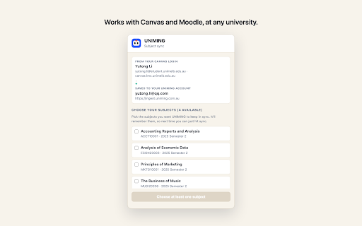UNIMING Sync :: Sync your Canvas, Moodle, Blackboard or Brightspace subjects into your own UNIMING account with the login you already have.