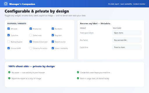 Manager's Companion :: Jira daily report, team availability, and incident monitor dashboard for engineering managers. Runs fully client-side — no server.