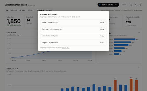 Dashboard for Substack :: Your own analytics dashboard for the Substack publications you write. Everything stays in your browser.
