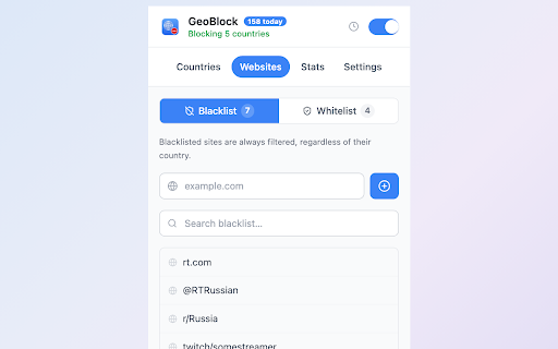 GeoBlock :: Filter search, YouTube, Amazon & Reddit results by country. Block regions, channels, and subreddits; optional Geo-IP detection.
