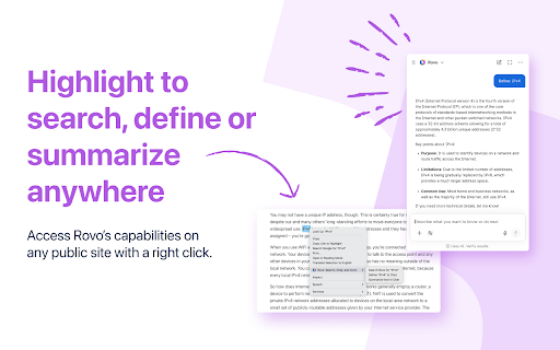 Rovo: Search, Chat, and more :: Take Rovo anywhere you work. Easily access Search, Chat, and Agents, and look up definitions outside your Atlassian products.