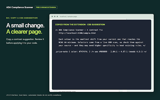 ADA Compliance Scanner :: Scan webpages for WCAG accessibility issues, highlight failures, and export local reports using axe-core.